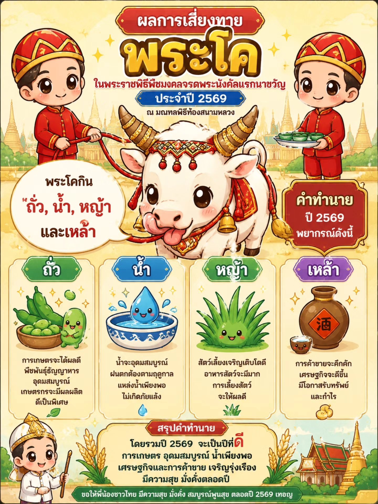 ผลการเสี่ยงทายพระโคในพระราชพิธีพืชมงคลจรดพระนังคัลแรกนาขวัญ ประจำปี 2569 ณ มณฑลพิธีท้องสนามหลวง พระโคกิน ถั่ว, น้ำ, หญ้า, และเหล้า
